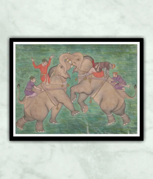 Deccan Mughal Elephants Fight Miniature Painting