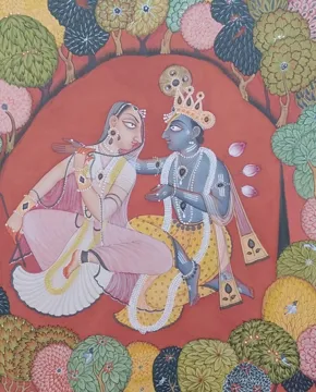 Radha Krishna In A Bower Pahari School Miniature Painting miniature painting