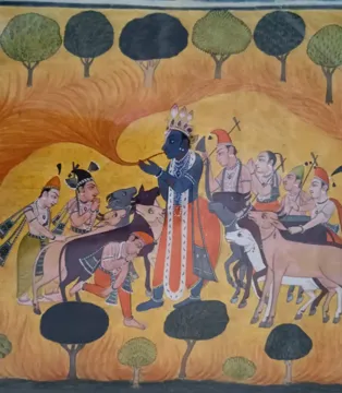Krishna with his Friends Painting in Basohli Shaili miniature painting