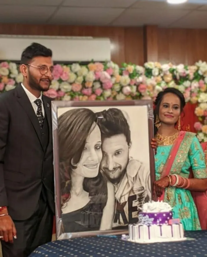 Nishant Mathur with the couple sketch from Artshaili