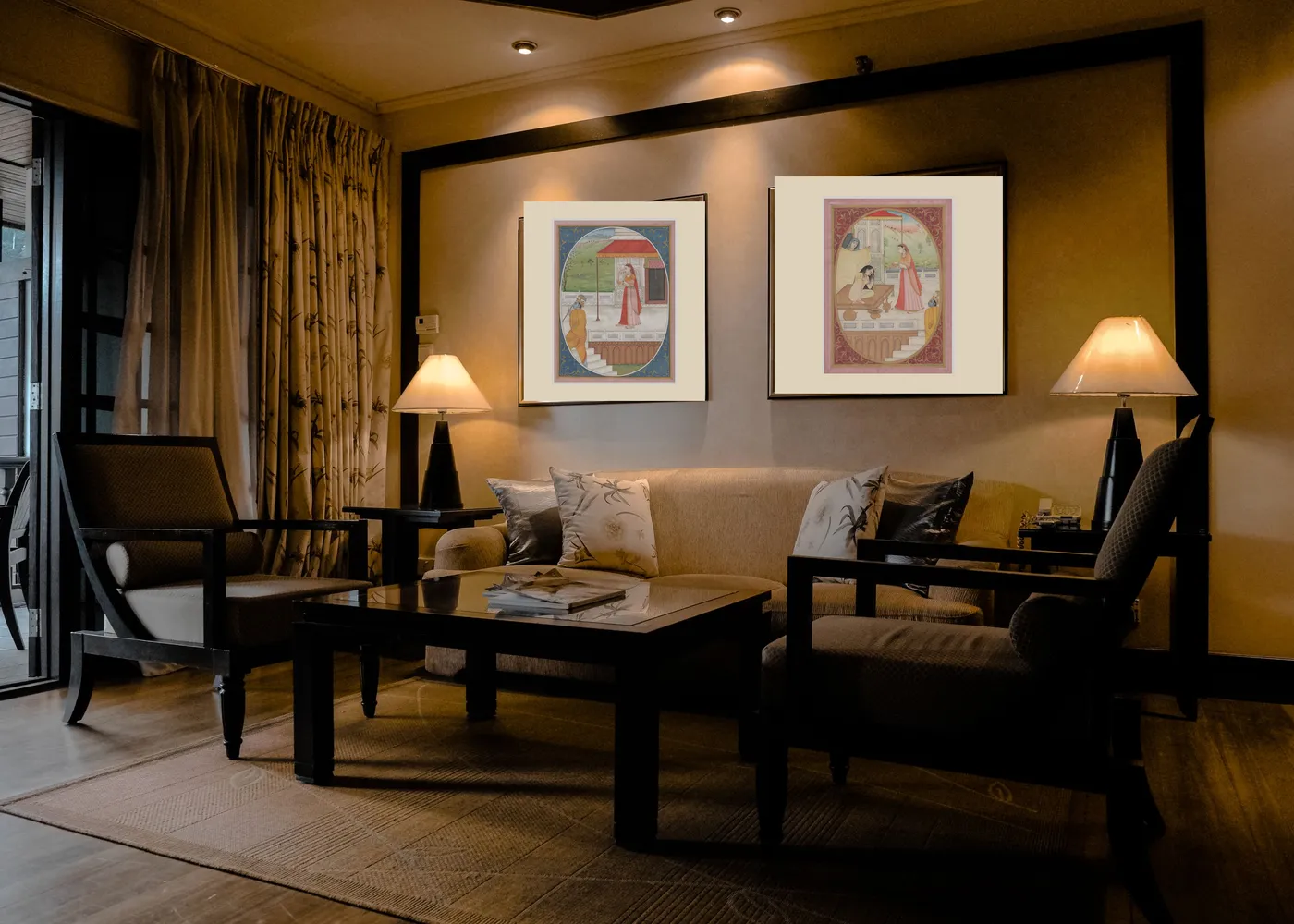 Gallery wall of six framed Kangra and Basohli miniature paintings