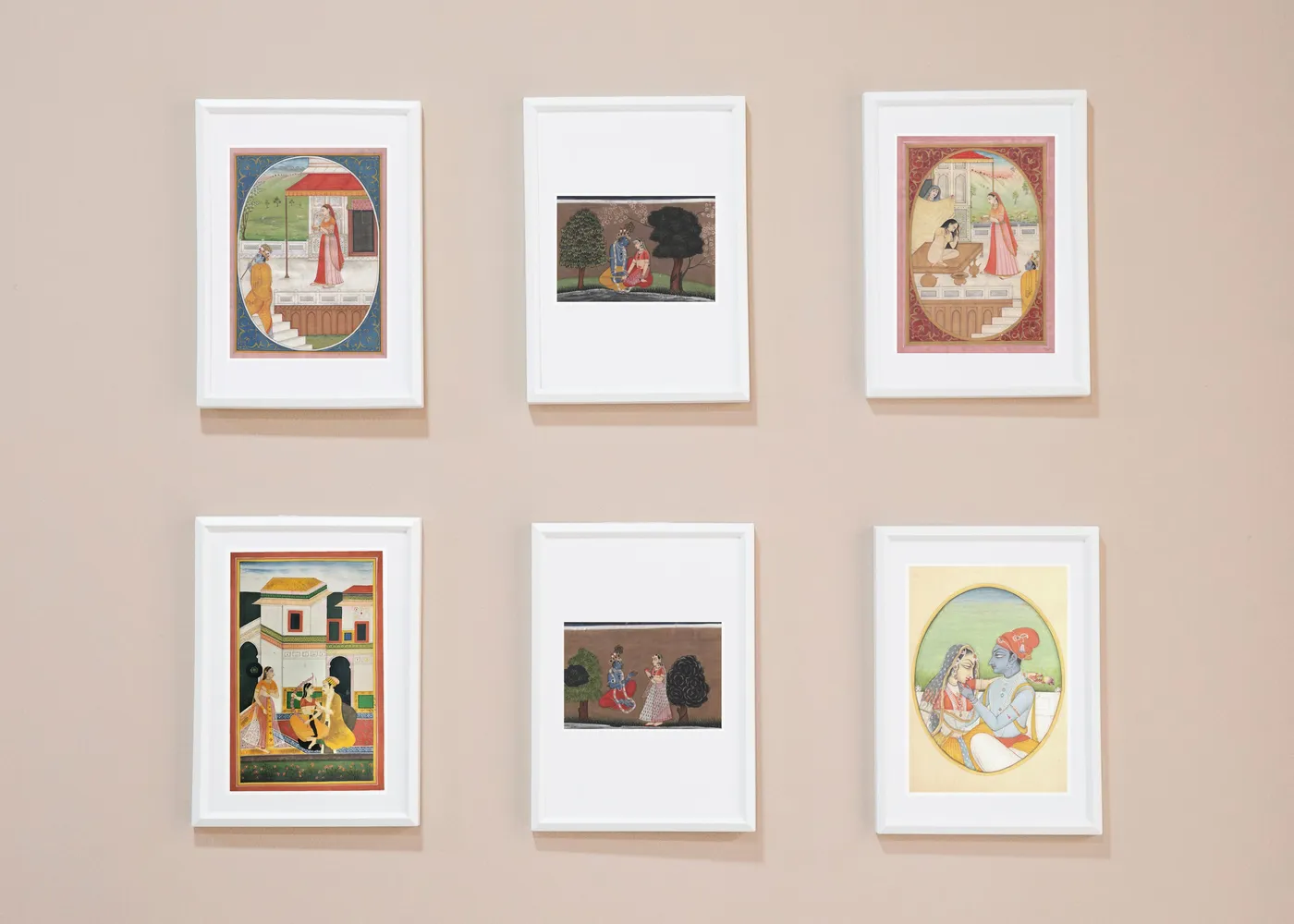 Gallery wall of six framed Kangra and Basohli miniature paintings