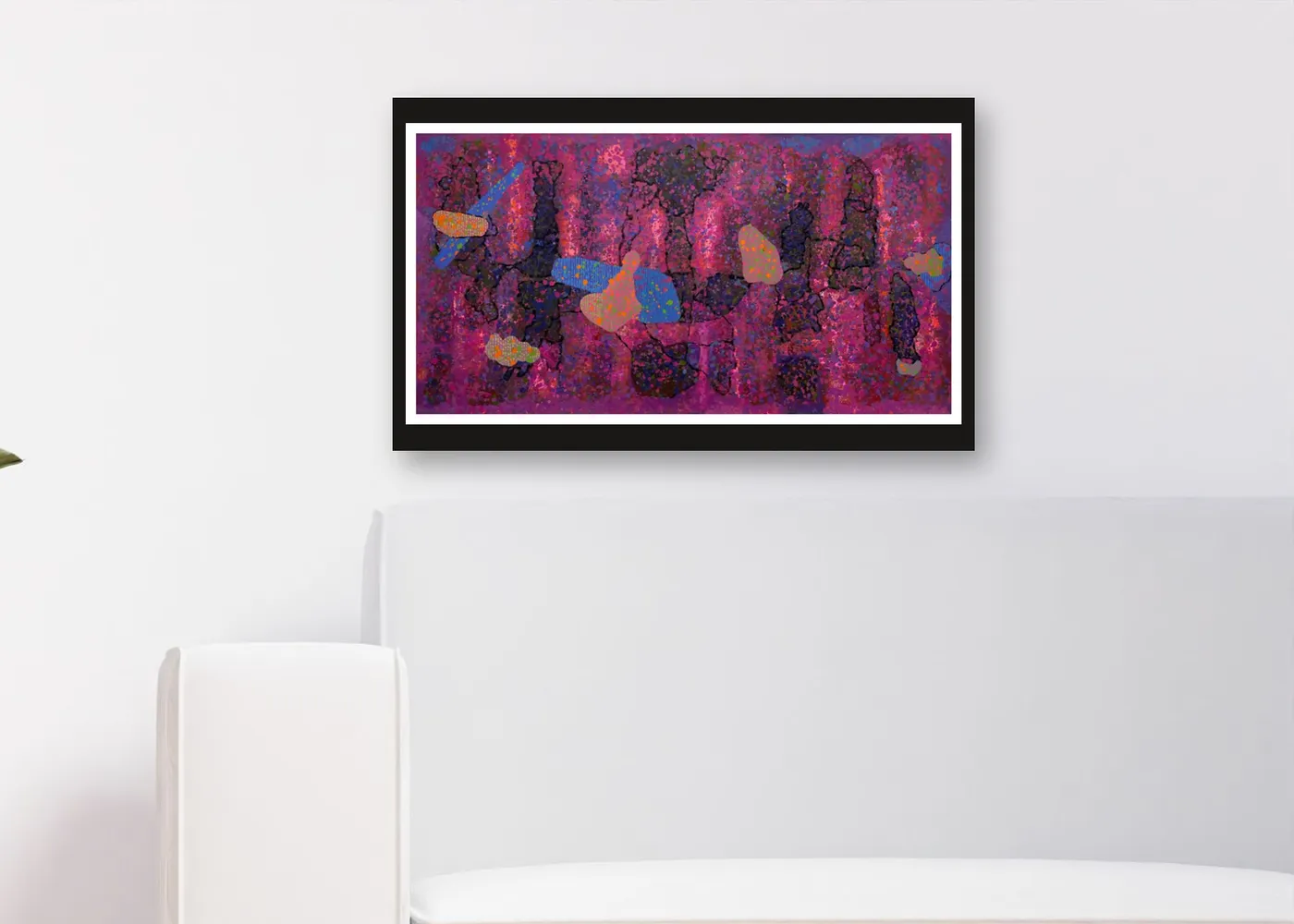 Modern abstract acrylic painting framed above a white sofa in a minimal room