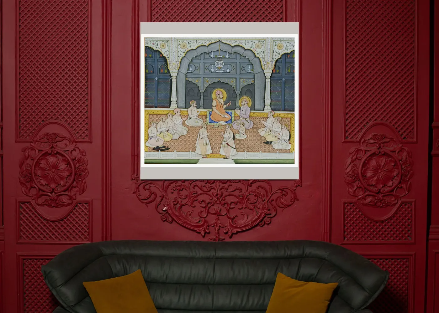Mughal Court miniature painting on a red wall